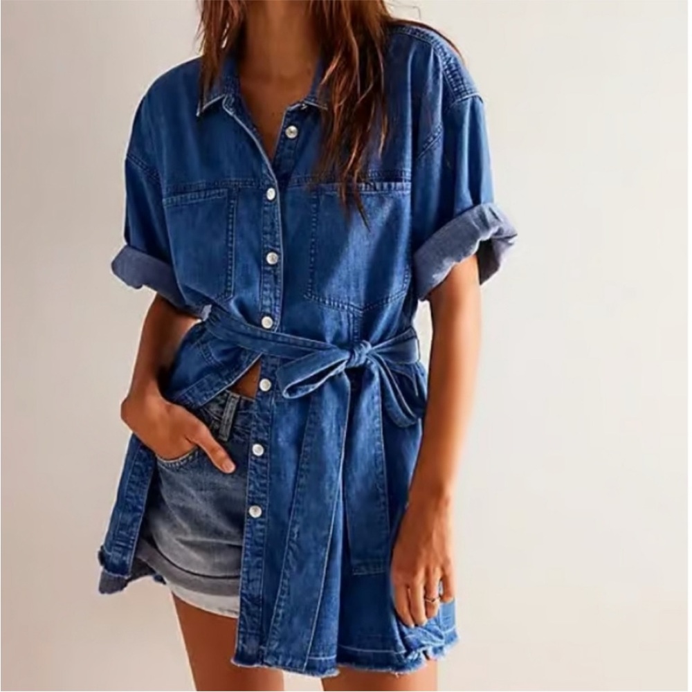 Free People Western Bohemian Oversized Jenny Denim Tunic Top Dress Medium Wash M - Picture 2 of 16